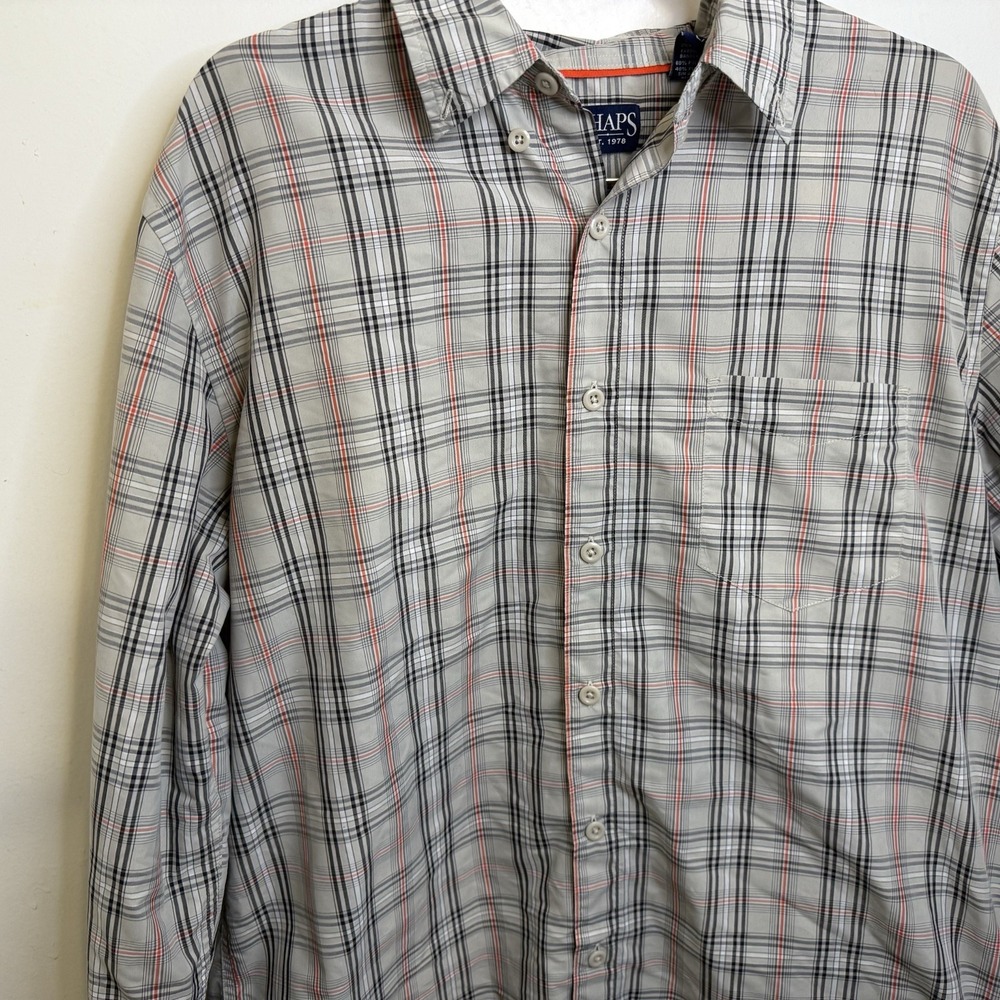 Chaps Mens L Long Sleeve Button Down Flannel Shirt Plaid Orange Black Gray - Picture 4 of 8